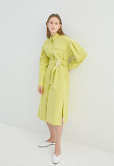 Long-Sleeve Linen Midi Shirt Dress With Drawstring Waist and Notch Collar